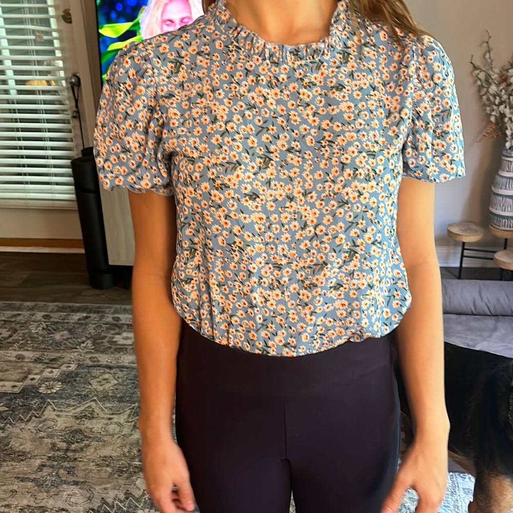 High neck puffed sleeve work blouse